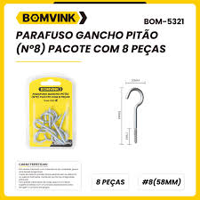 PARAFUSO GANCHO PITÃO PACOTE 8 PEÇAS